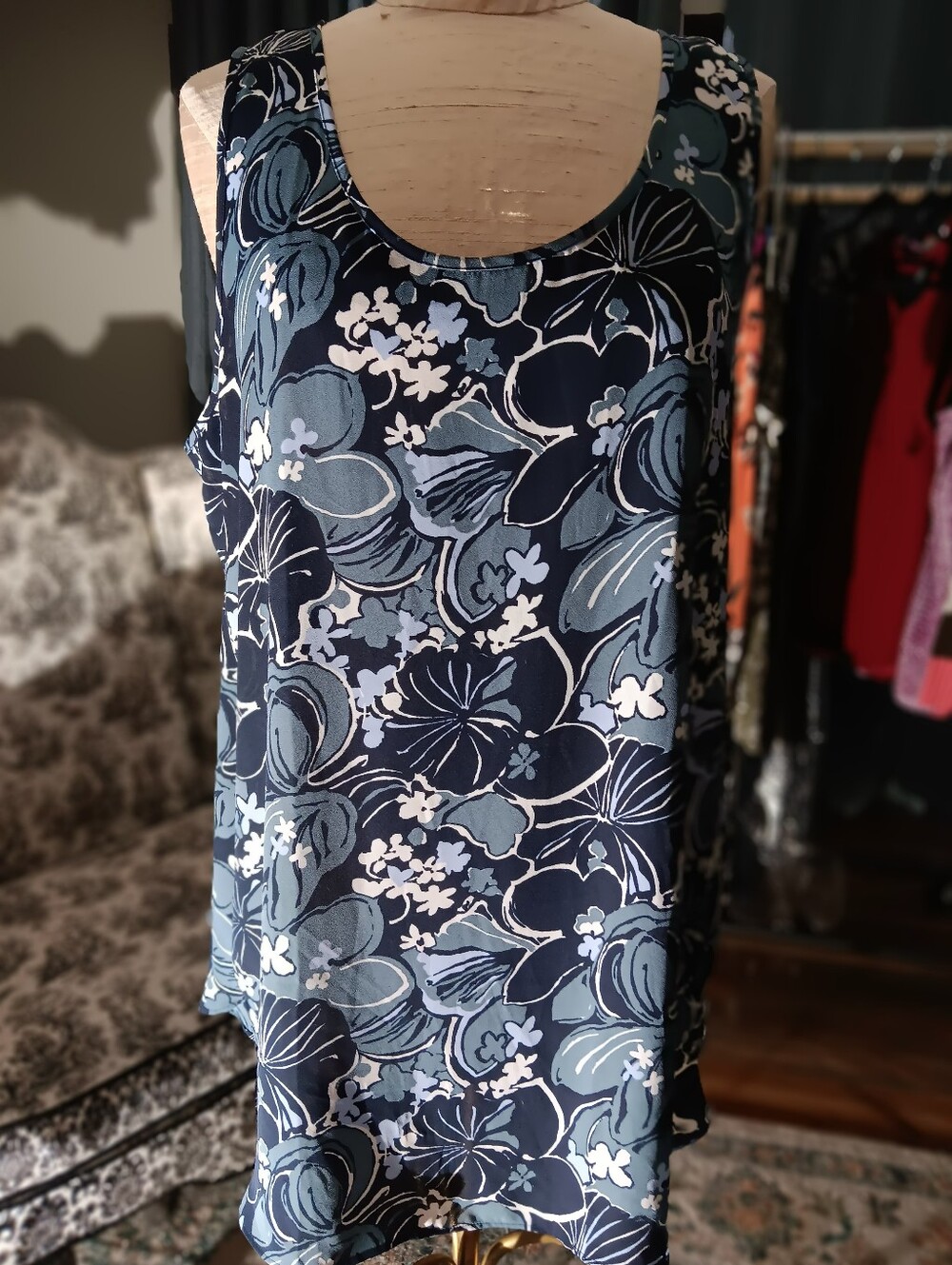 Loft Womens Navy Floral Scoop Neck Tank Top
